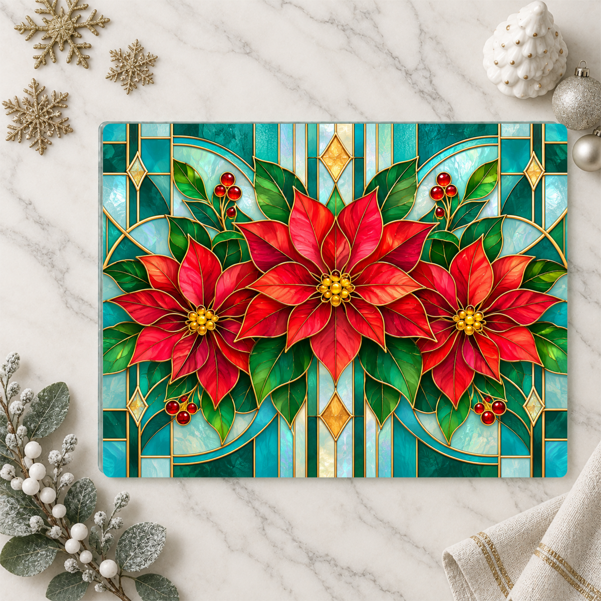 Christmas Poinsettia Glass Cutting Board, Stained Glass Floral Kitchen Decor, Holiday Serving Board, Festive Cooking Gift for Home Chefs