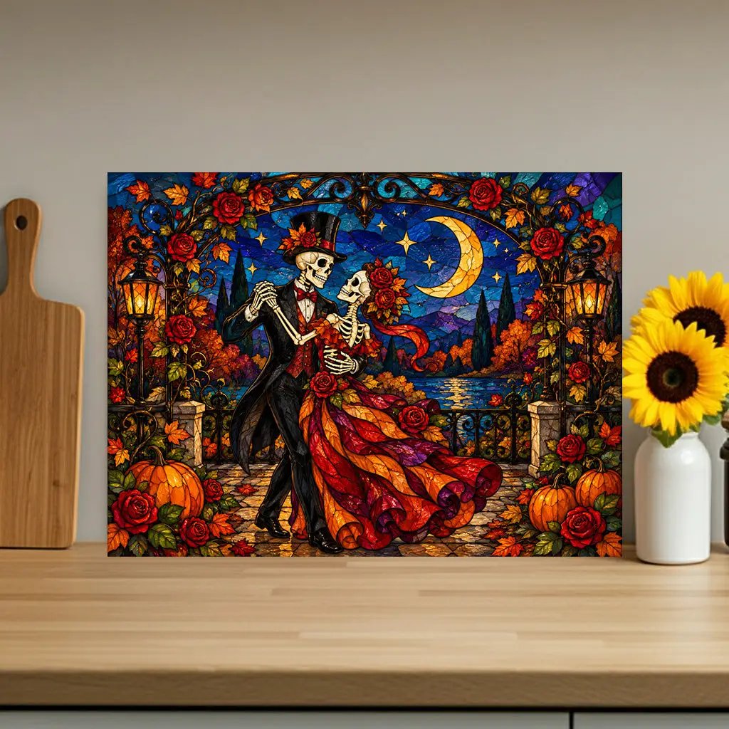 Halloween Skeleton Dancing Couple Personalized Glass Cutting Board, Gothic Romance Kitchen Decor
