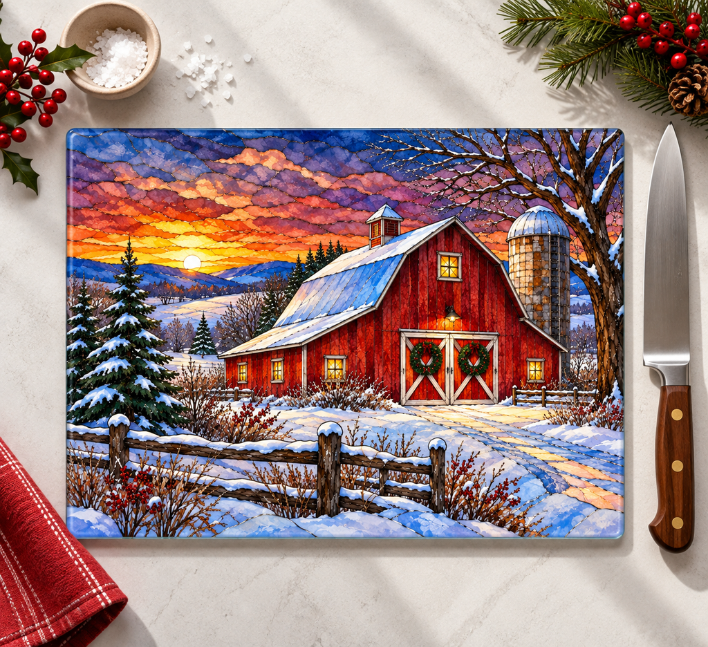 Winter Red Barn Glass Cutting Board, Country Christmas Kitchen Decor, Farmhouse Cutting Board, Rustic Winter Barn Gift