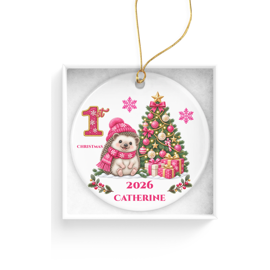 Hedgehog Baby Personalized Christmas Ornament, Baby's 1st 2nd 3rd Christmas, Custom Name Year Ceramic Keepsake