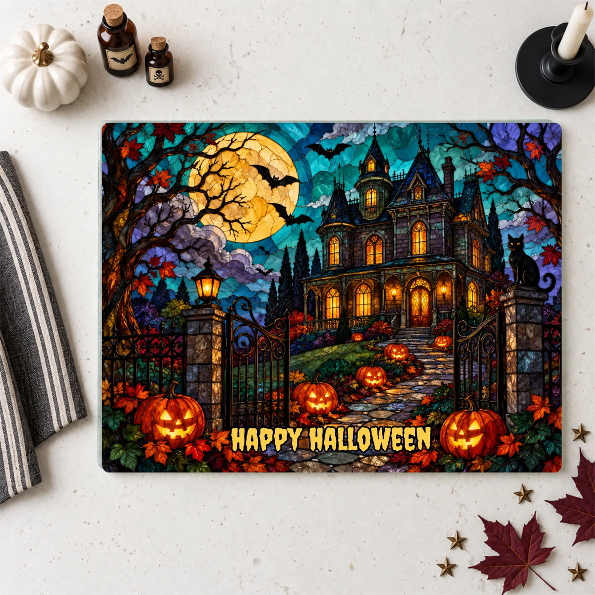 Halloween Haunted Mansion Personalized Glass Cutting Board, Spooky Pumpkin Kitchen Decor