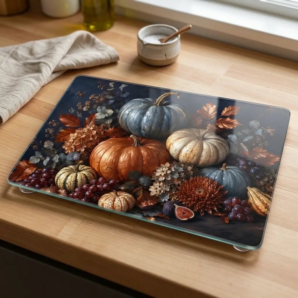 Blue Pumpkin Glass Cutting Board, Elegant Fall Kitchen Decor, Autumn Harvest Cutting Board, Thanksgiving Kitchen Gift