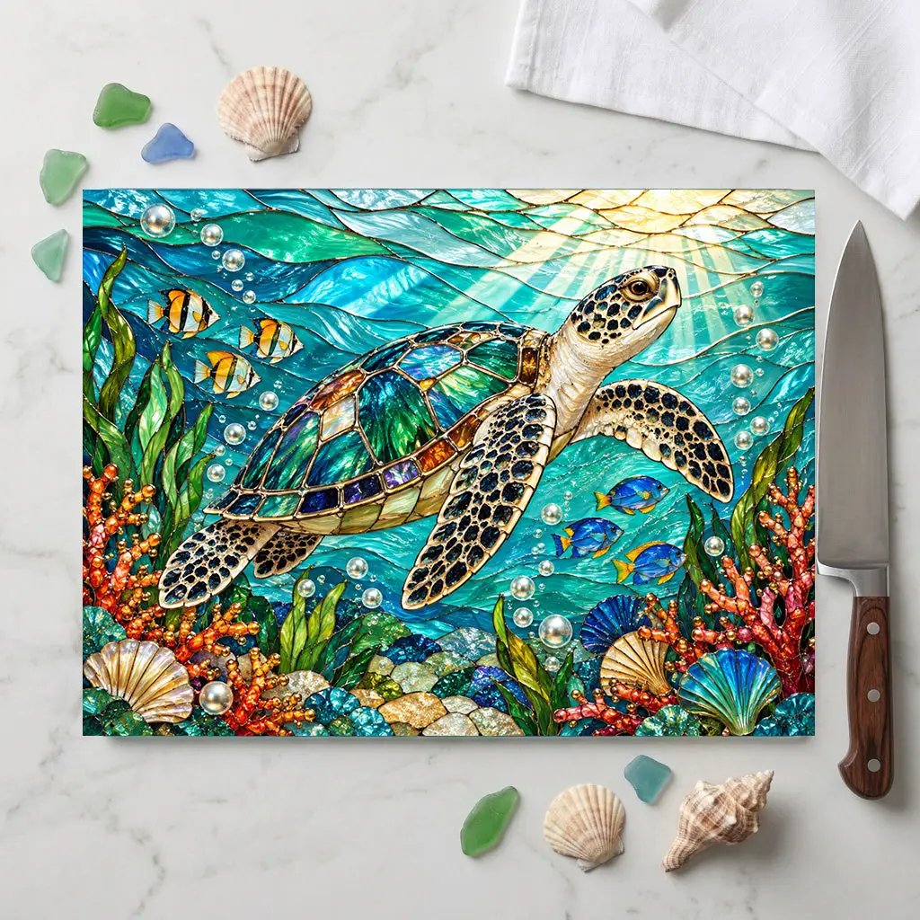 Sea Turtle Cutting Board, Ocean Kitchen Decor, Underwater Glass Chopping Board, Coastal Beach House Gift, Marine Life Kitchen Accent