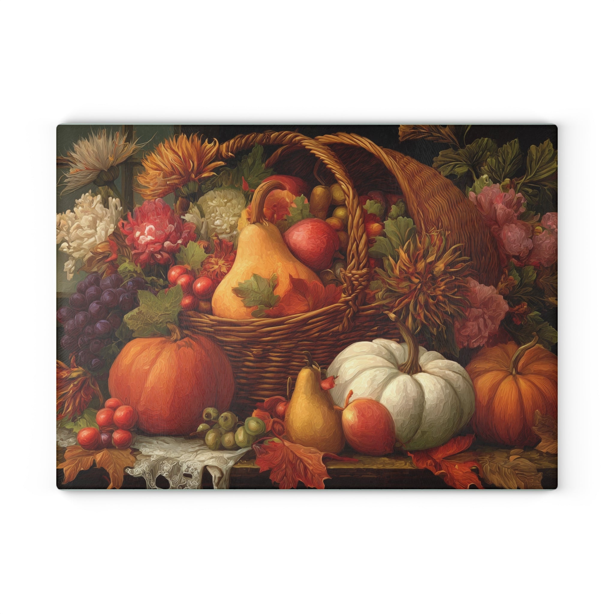 Autumn Harvest Glass Cutting Board — Thanksgiving Cornucopia Kitchen Decor