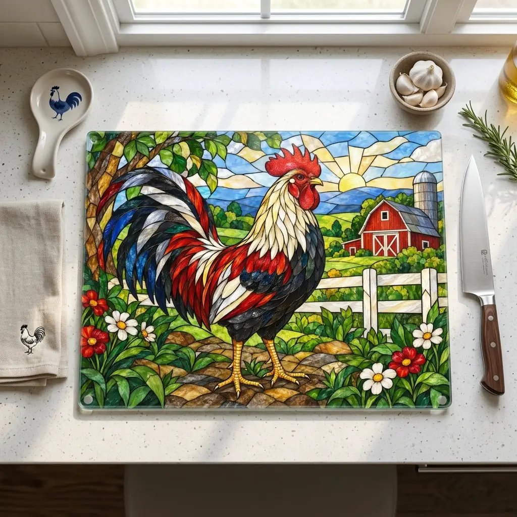 Rooster Glass Cutting Board, Red Barn Farmhouse Kitchen Decor, Country Rooster Art, Stained Glass Farm Decor, Rustic Kitchen Gift