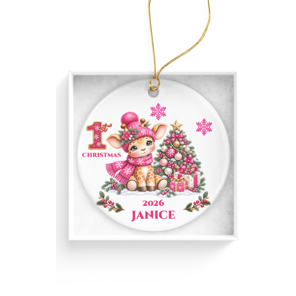 Giraffe Baby Personalized Christmas Ornament, Baby's 1st 2nd 3rd Christmas, Custom Name Year Ceramic Keepsake, Boy or Girl Gift