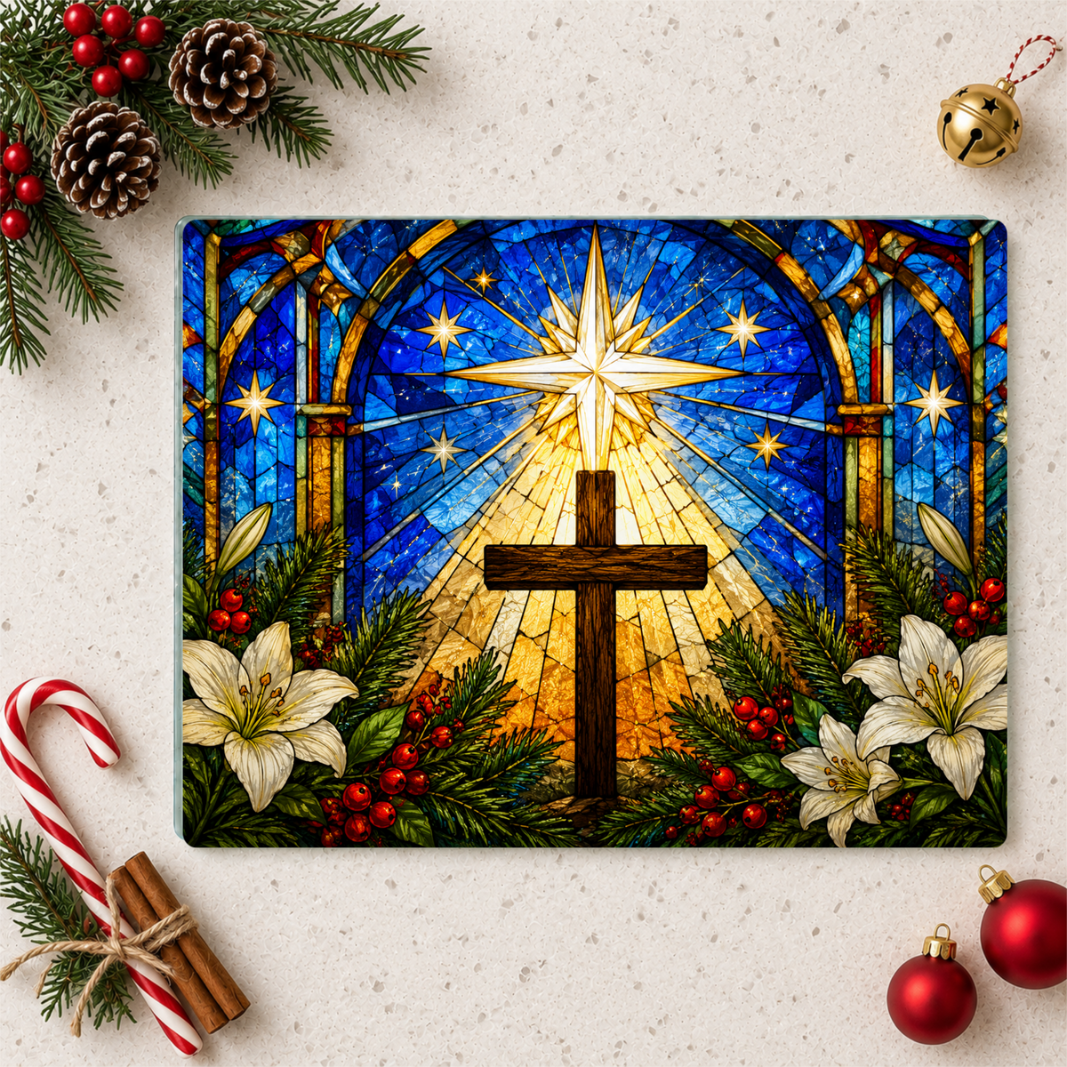 Christian Cross Glass Cutting Board, Stained Glass Christmas Decor, Religious Kitchen Gift, Star of Bethlehem Christian Gift