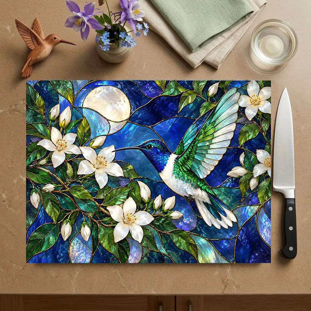 Hummingbird Cutting Board, Stained Glass Bird Decor, Moonlit Jasmine Floral Kitchen Decor, Hummingbird Gift, Nature Lover Gift
