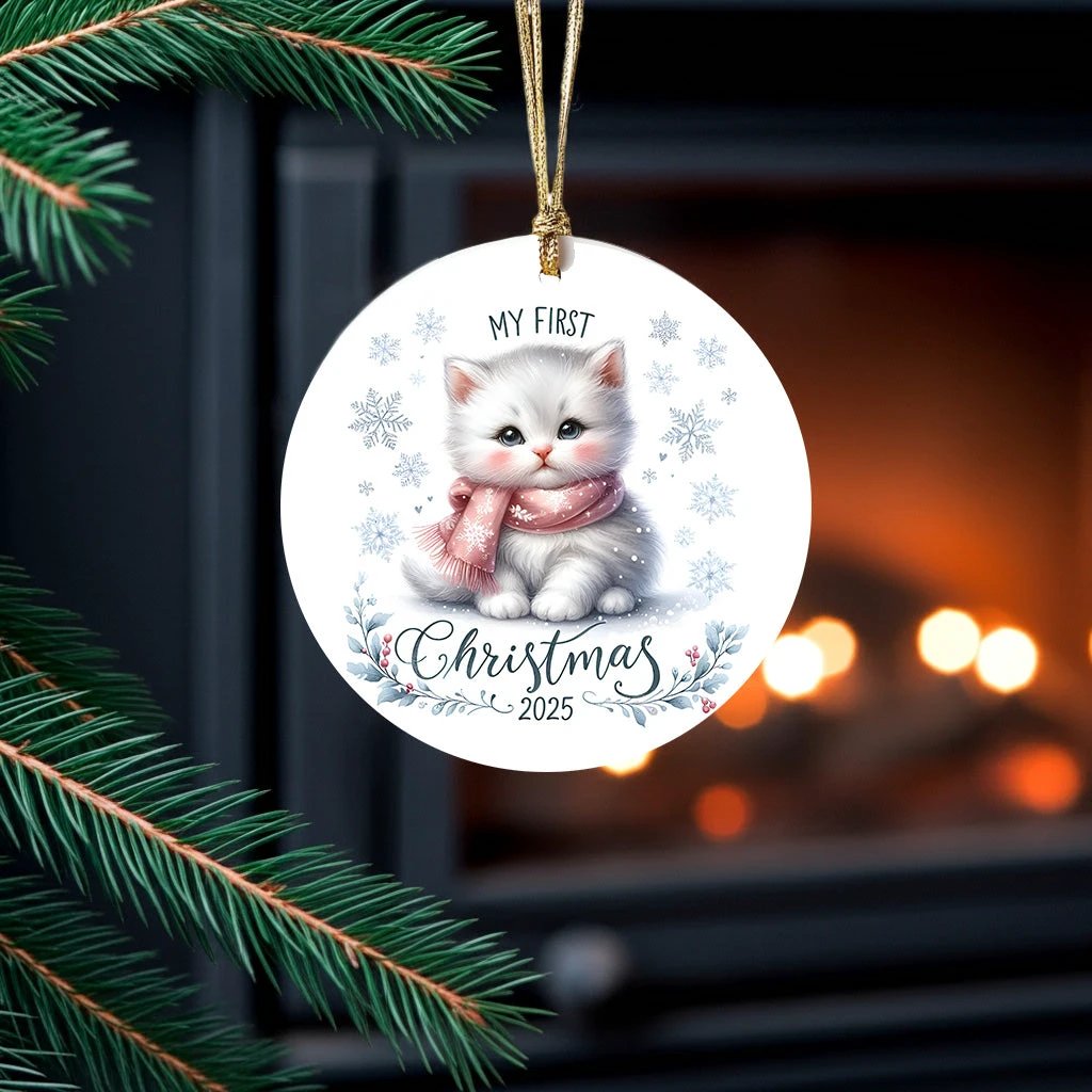 My First Christmas 2025 White Kitten Ornament – Baby’s First Christmas Keepsake, Cute Newborn Gift, Durable MDF Ornament with Gold Cord