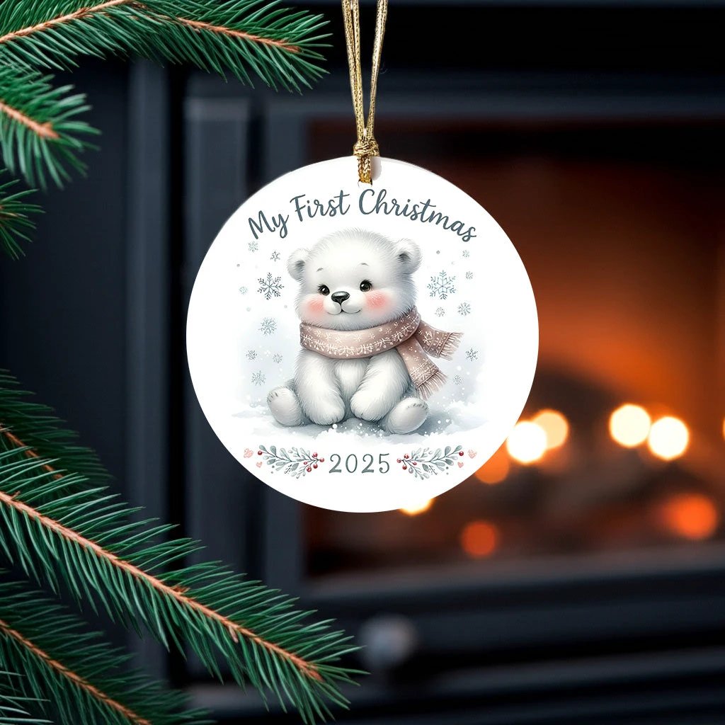 My First Christmas 2025 Bear Ornament – Baby’s First Christmas Keepsake, Cute Newborn Gift, Durable MDF Ornament with Gold Cord