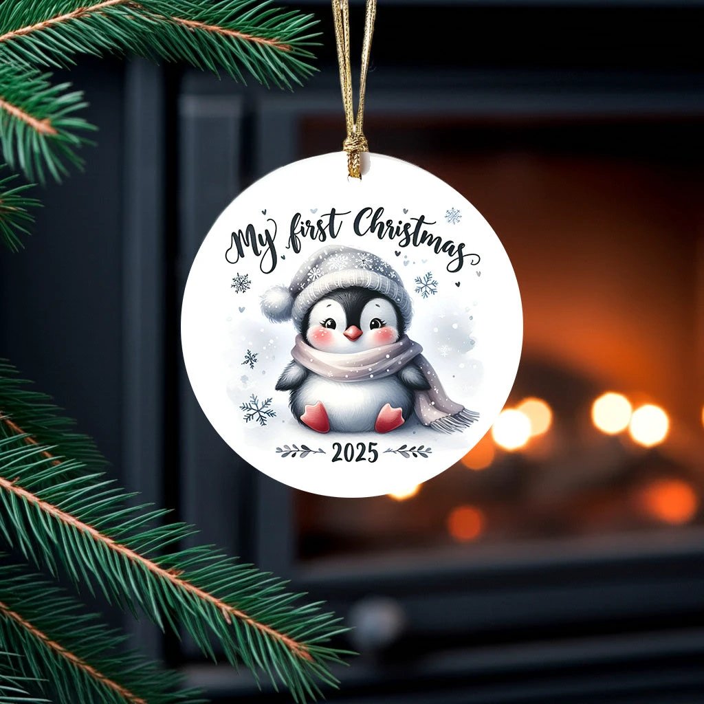 My First Christmas 2025 Penguin Ornament – Baby’s First Christmas Keepsake, Cute Newborn Gift, Durable MDF Ornament with Gold Cord