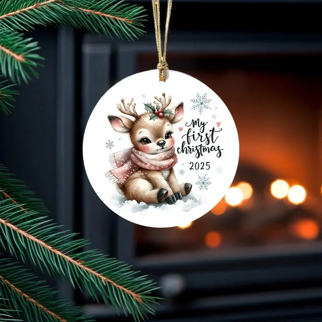 My First Christmas 2025 Deer Ornament – Baby’s First Christmas Keepsake, Cute Newborn Gift, Durable MDF Ornament with Gold Cord
