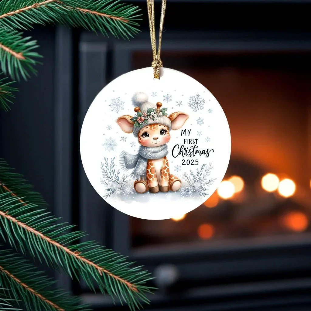 My First Christmas 2025 Giraffe Ornament – Baby’s First Christmas Keepsake, Cute Newborn Gift, Durable MDF Ornament with Gold Cord