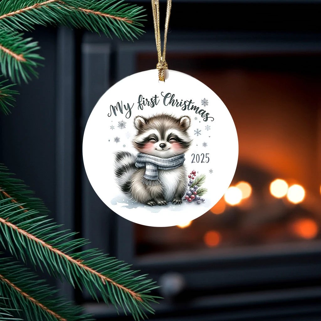 My First Christmas 2025 Raccoon Ornament – Baby’s First Christmas Keepsake, Cute Newborn Gift, Durable MDF Ornament with Gold Cord