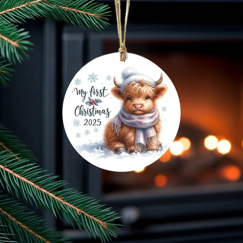 My First Christmas 2025 Highland Calf Ornament – Baby’s First Christmas Keepsake, Cute Newborn Gift, Durable MDF Ornament with Gold Cord