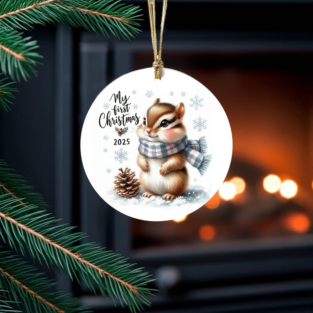My First Christmas 2025 Chipmunk Ornament – Baby’s First Christmas Keepsake, Cute Newborn Gift, Durable MDF Ornament with Gold Cord
