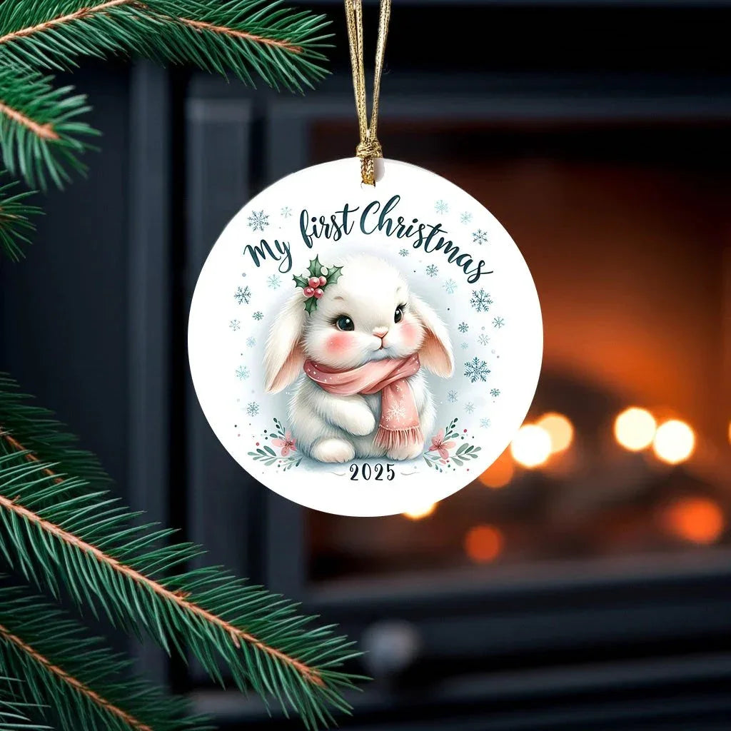 My First Christmas 2025 Bunny Ornament – Baby’s First Christmas Keepsake, Cute Newborn Gift, Durable MDF Ornament with Gold Cord