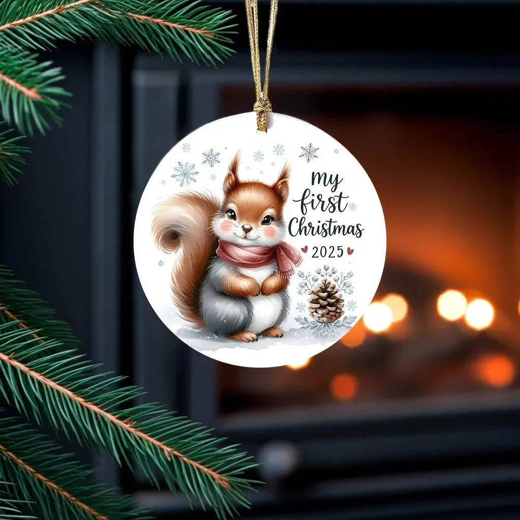 My First Christmas 2025 Squirrel Ornament – Baby’s First Christmas Keepsake, Cute Newborn Gift, Durable MDF Ornament with Gold Cord