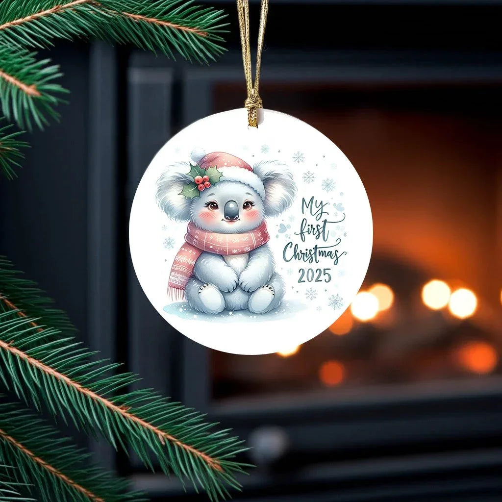 My First Christmas 2025 Koala Ornament – Baby’s First Christmas Keepsake, Cute Newborn Gift, Durable MDF Ornament with Gold Cord