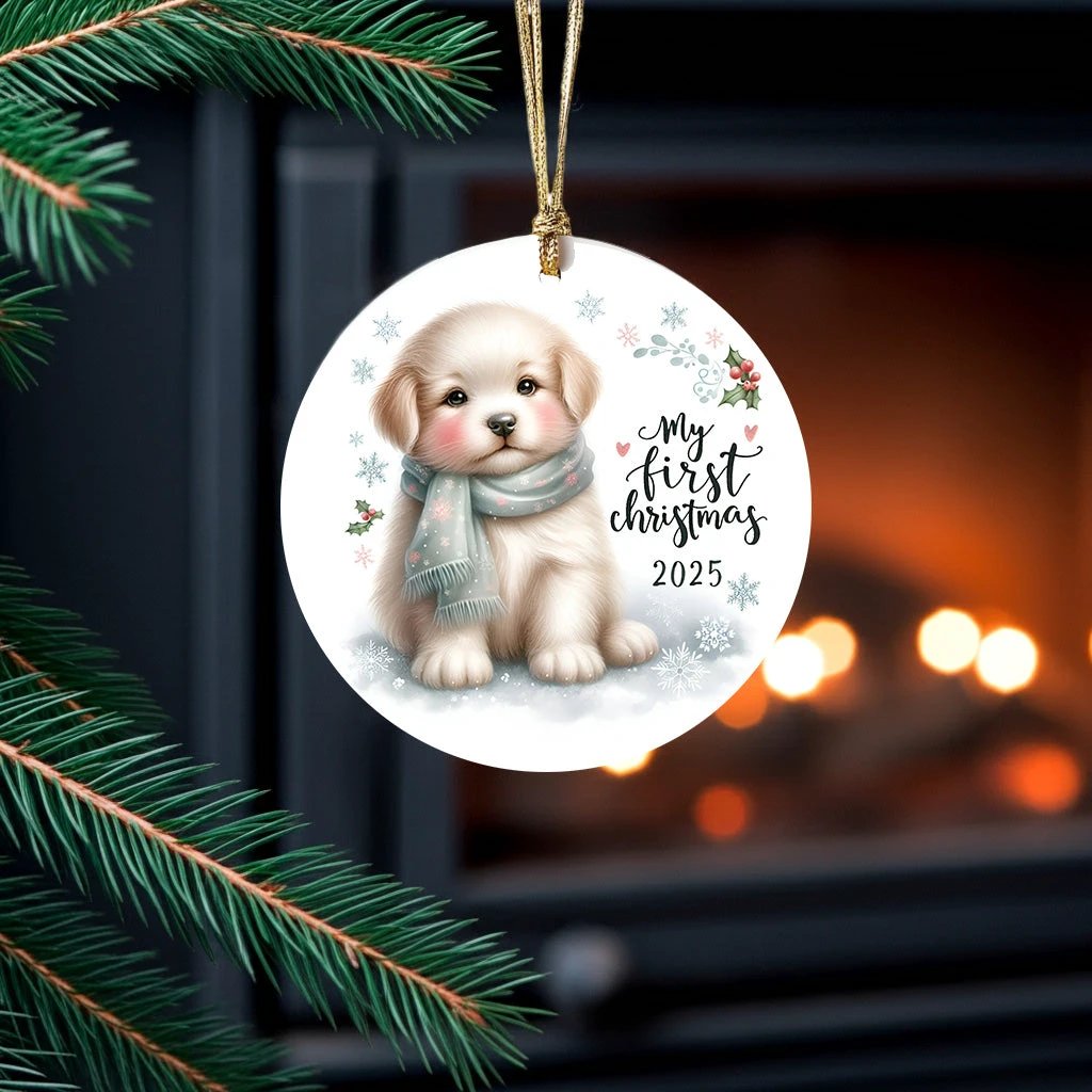 My First Christmas 2025 Puppy Ornament – Baby’s First Christmas Keepsake, Cute Newborn Gift, Durable MDF Ornament with Gold Cord