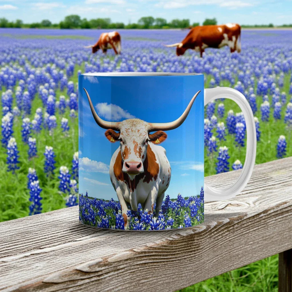 Texas Longhorn in Bluebonnet Field Ceramic Mug – 11oz & 15oz Coffee Cup - Western, Ranch, and Texan Pride