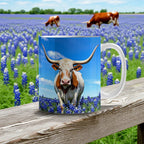 Texas Longhorn in Bluebonnet Field Ceramic Mug – 11oz & 15oz Coffee Cup - Western, Ranch, and Texan Pride