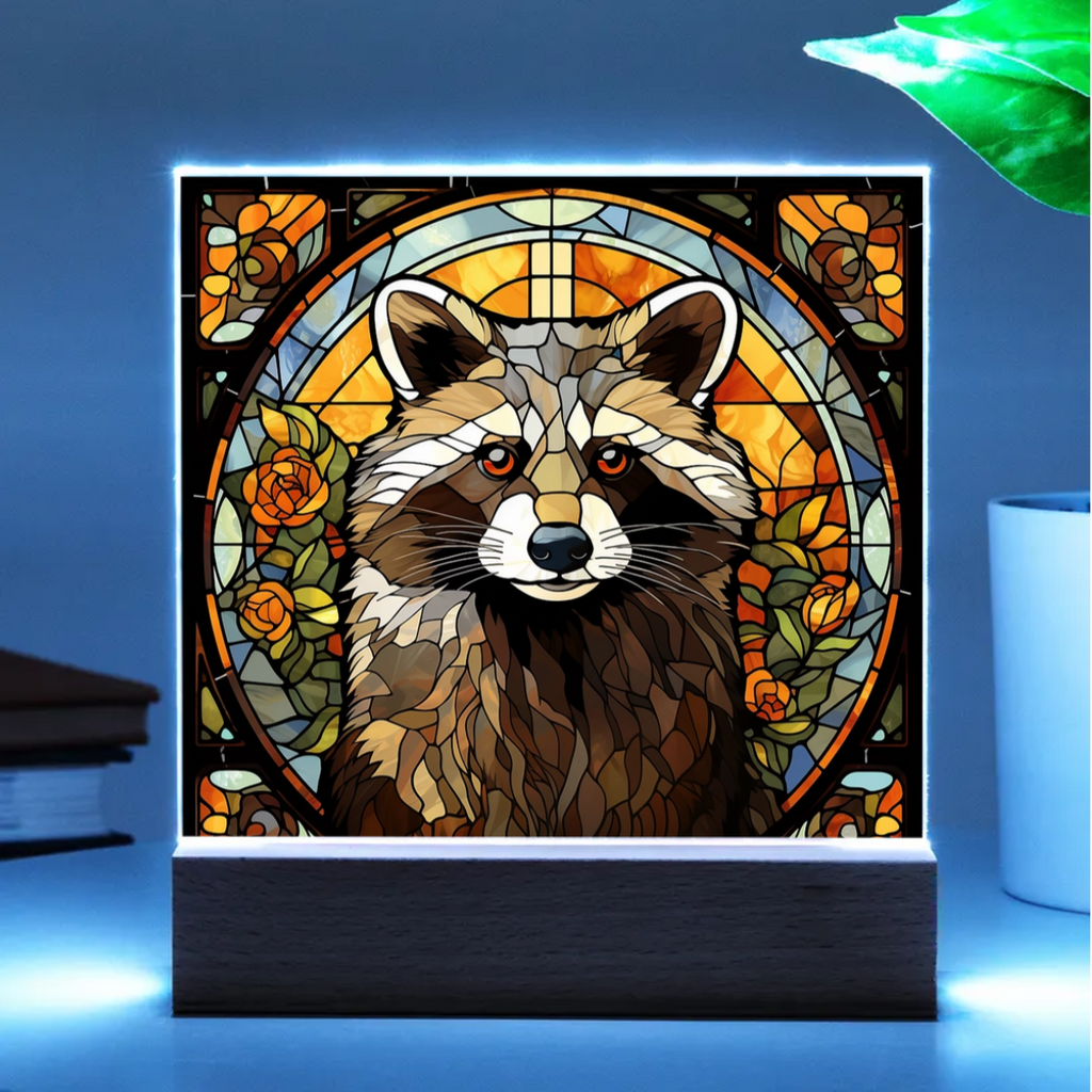 Raccoon Stained Glass Acrylic LED Light Plaque – Custom Animal Art Gift with Wooden Base