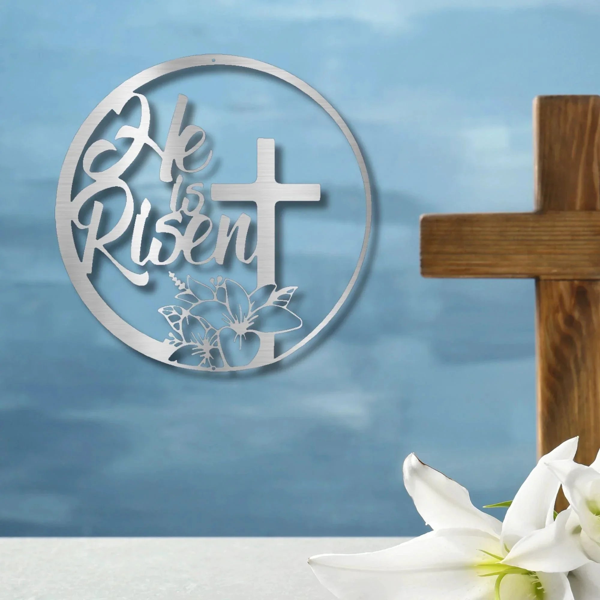 Easter Cross Metal Wall Sign – Christian Home Decor – He Is Risen