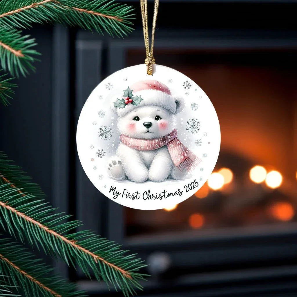 My First Christmas 2025 Polar Bear Ornament – Baby’s First Christmas Keepsake, Cute Newborn Gift, Durable MDF Ornament with Gold Cord