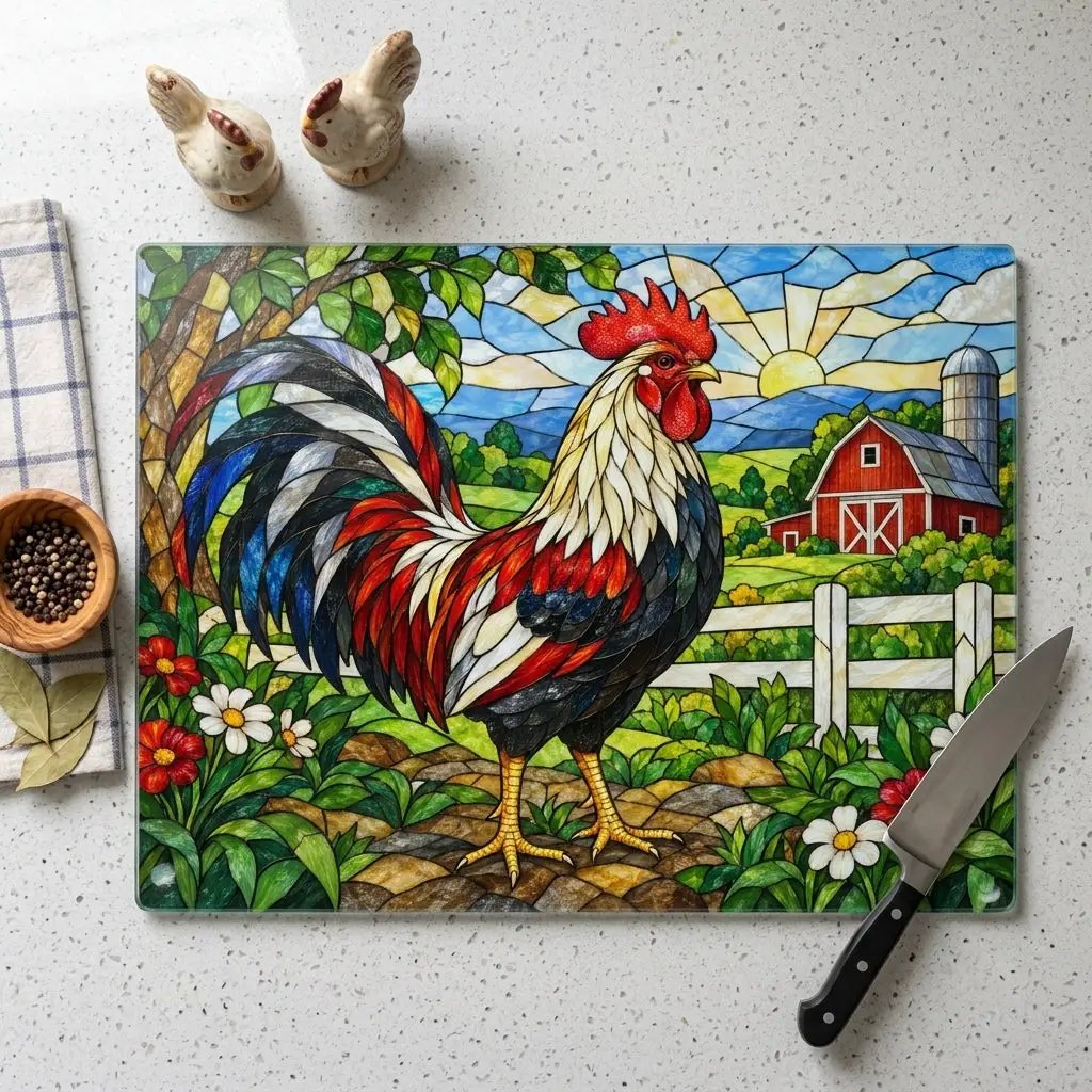 Rooster Glass Cutting Board, Red Barn Farmhouse Kitchen Decor, Country Rooster Art, Stained Glass Farm Decor, Rustic Kitchen Gift