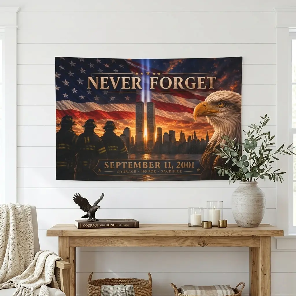 Twin Towers Patriotic Remembrance Flag, 9/11 Memorial Decor, Never Forget Double Sided Flag, September 11 Firefighter Tribute,