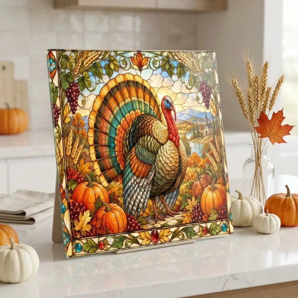 Thanksgiving Turkey Glass Cutting Board, Stained Glass Harvest Kitchen Decor, Fall Turkey Chopping Board, Country Thanksgiving Gift