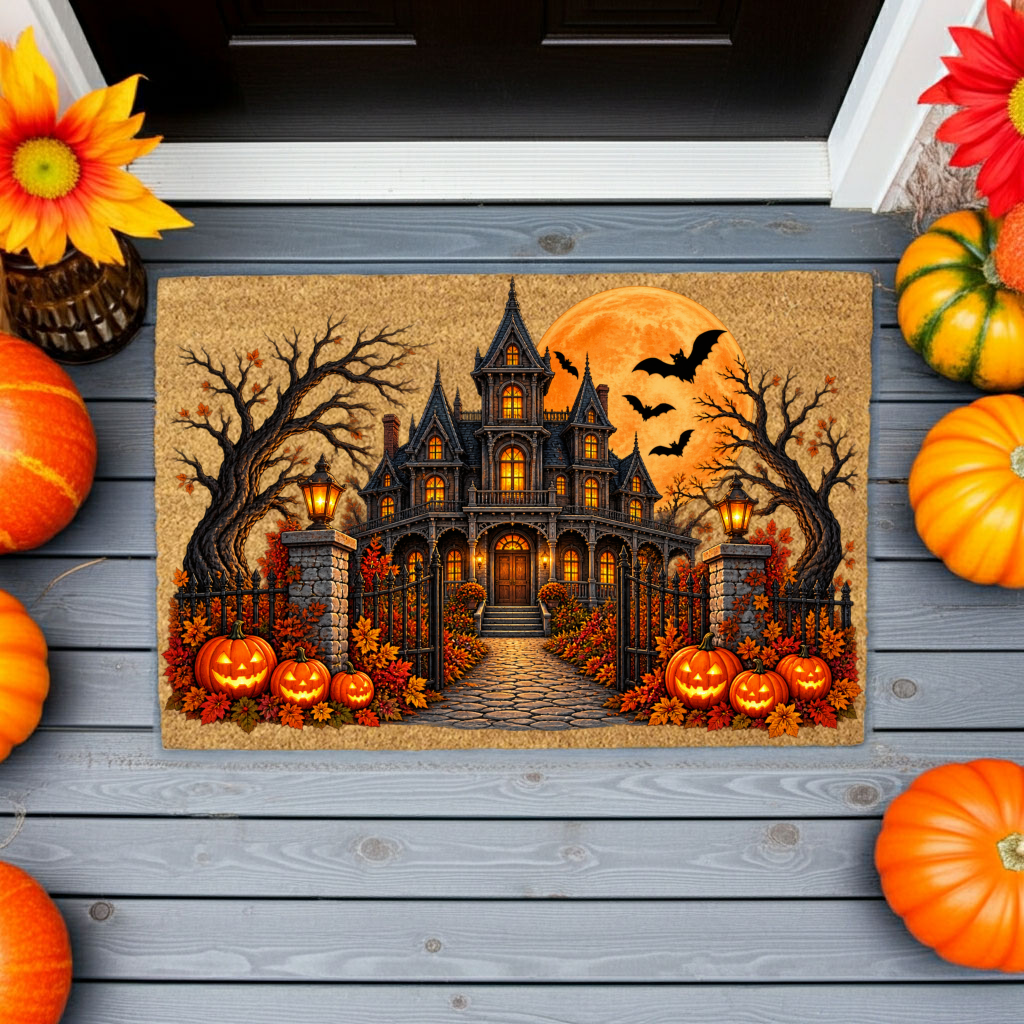 Haunted House Halloween Doormat, Gothic Mansion Coir Welcome Mat, Spooky Fall Porch Decor, Pumpkin Front Door Mat, Halloween Entryway
