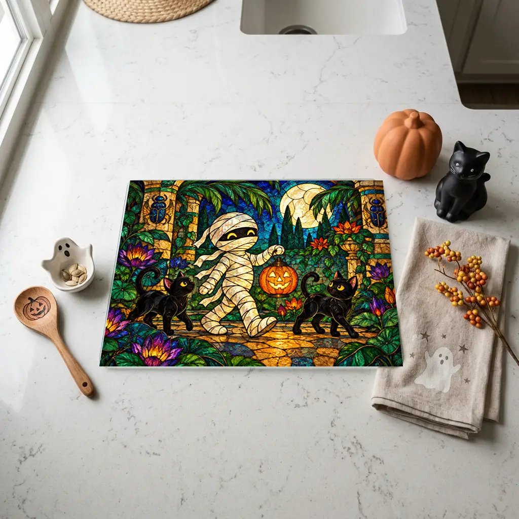 Halloween Mummy Personalized Glass Cutting Board, Spooky Kitchen Decor