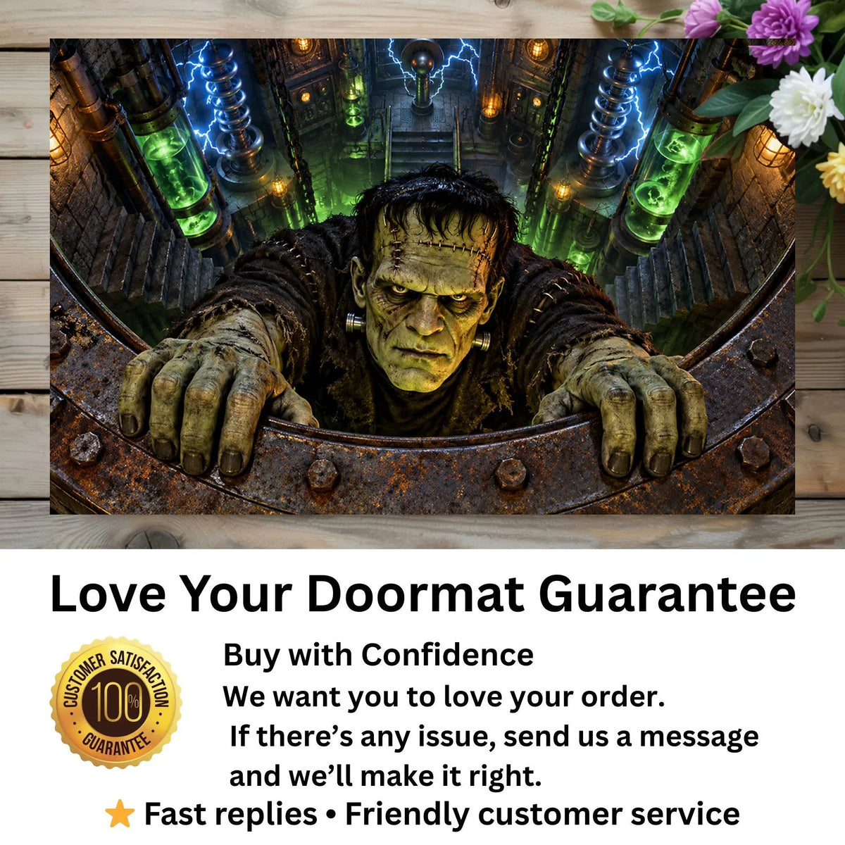 Frankenstein 3D Illusion Doormat, Mad Scientist Laboratory Halloween Door Mat, Monster Welcome Mat, Spooky Halloween Porch Decor