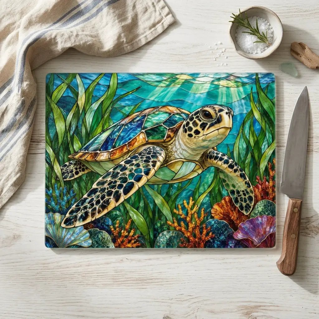 Sea Turtle Glass Cutting Board, Ocean Kitchen Decor, Marine Life Chopping Board, Coastal Cooking Gift, Underwater Turtle Artwork, Coral Reef