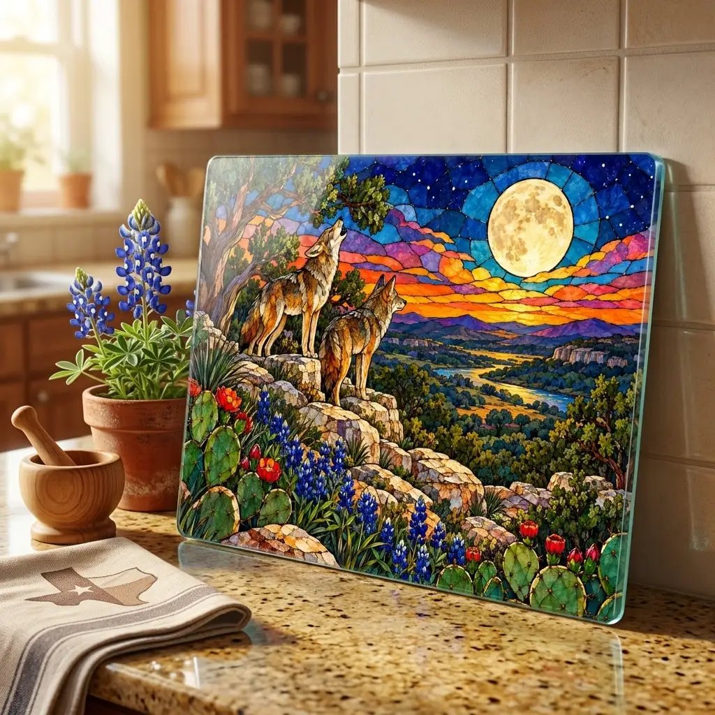 Texas Coyote Glass Cutting Board, Call of the Wild Moonlight Decor, Bluebonnet Kitchen Art, Western Wildlife Gift, Texas Kitchen Decor