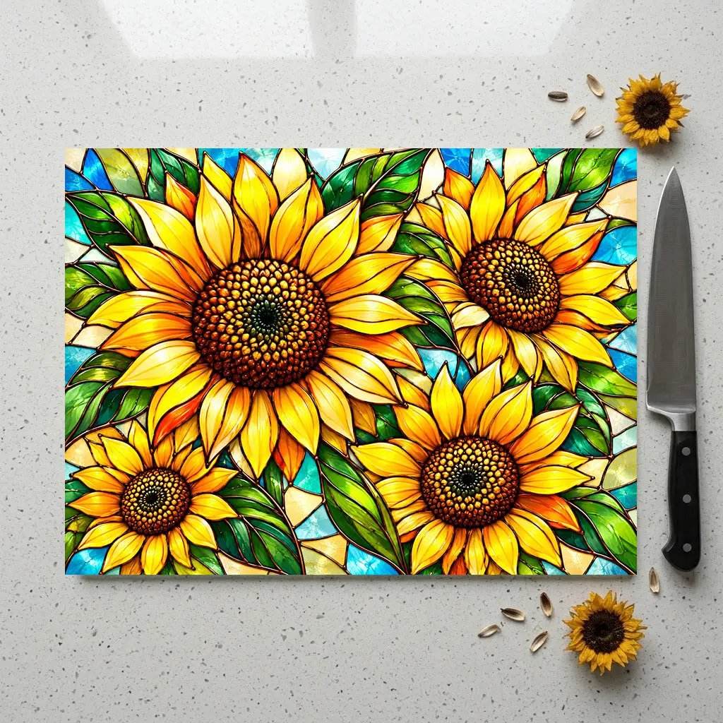 Sunflower Glass Cutting Board, Bold Floral Kitchen Decor, Stained Glass Sunflower Art, Yellow Flower Cutting Board, Sunflower Lover Gift