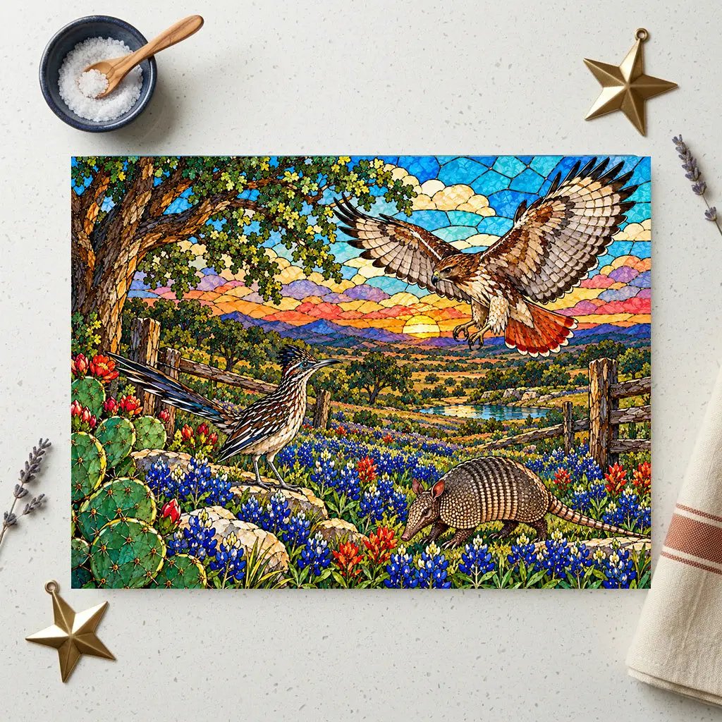 Texas Wildlife Glass Cutting Board, Roadrunner, Armadillo, Hawk Art, Bluebonnet Kitchen Decor, Hill Country Gift, Texas Wildlife Decor