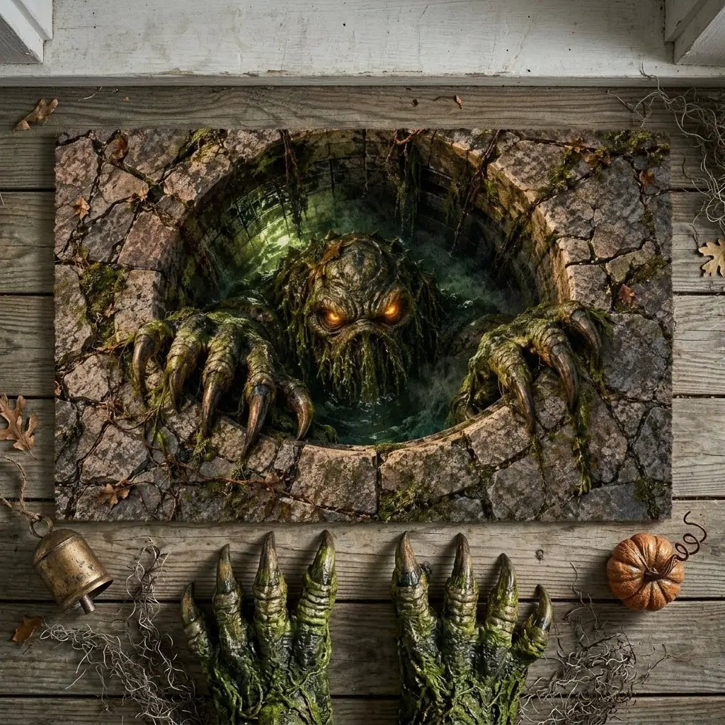 Swamp Monster 3D Optical Illusion Doormat, Creepy Sewer Monster Floor Mat, Scary Halloween Door Mat, Horror Home Decor