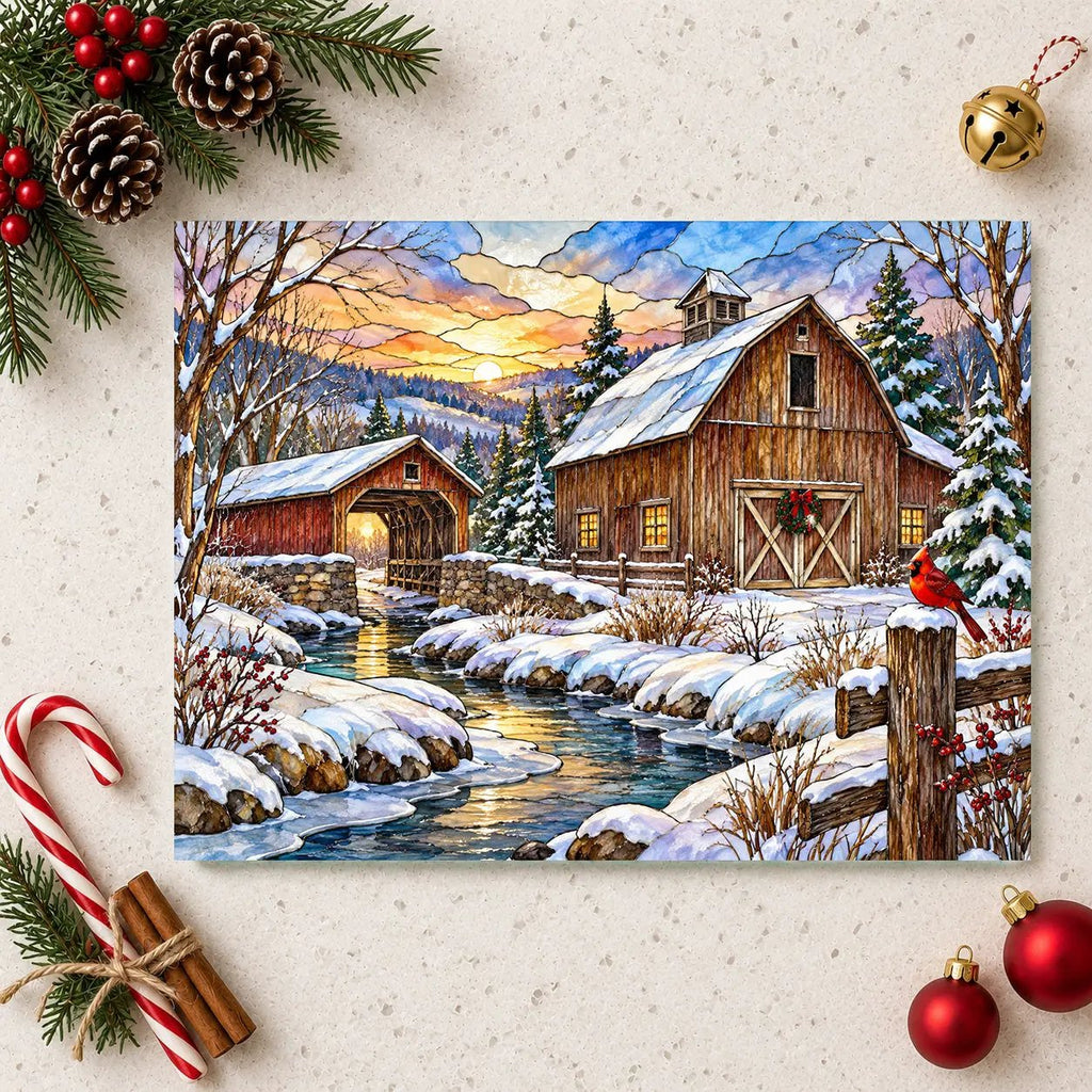 Cardinal Creek Winter Barn Glass Cutting Board, Red Cardinal Farmhouse Kitchen Decor, Country Christmas Gift