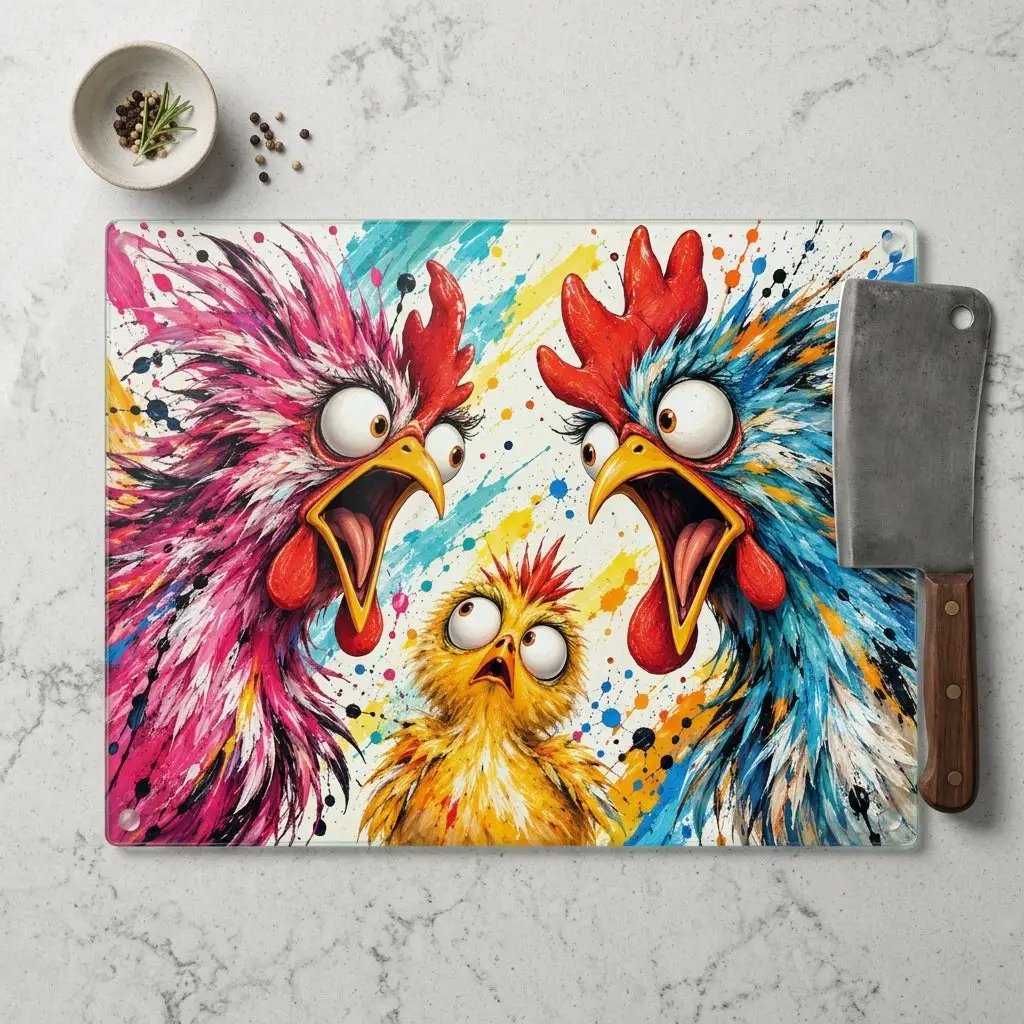 Funny Chicken Family Cutting Board, Screaming Chickens Kitchen Decor, Colorful Chicken Lover Gift, Farmhouse Decor