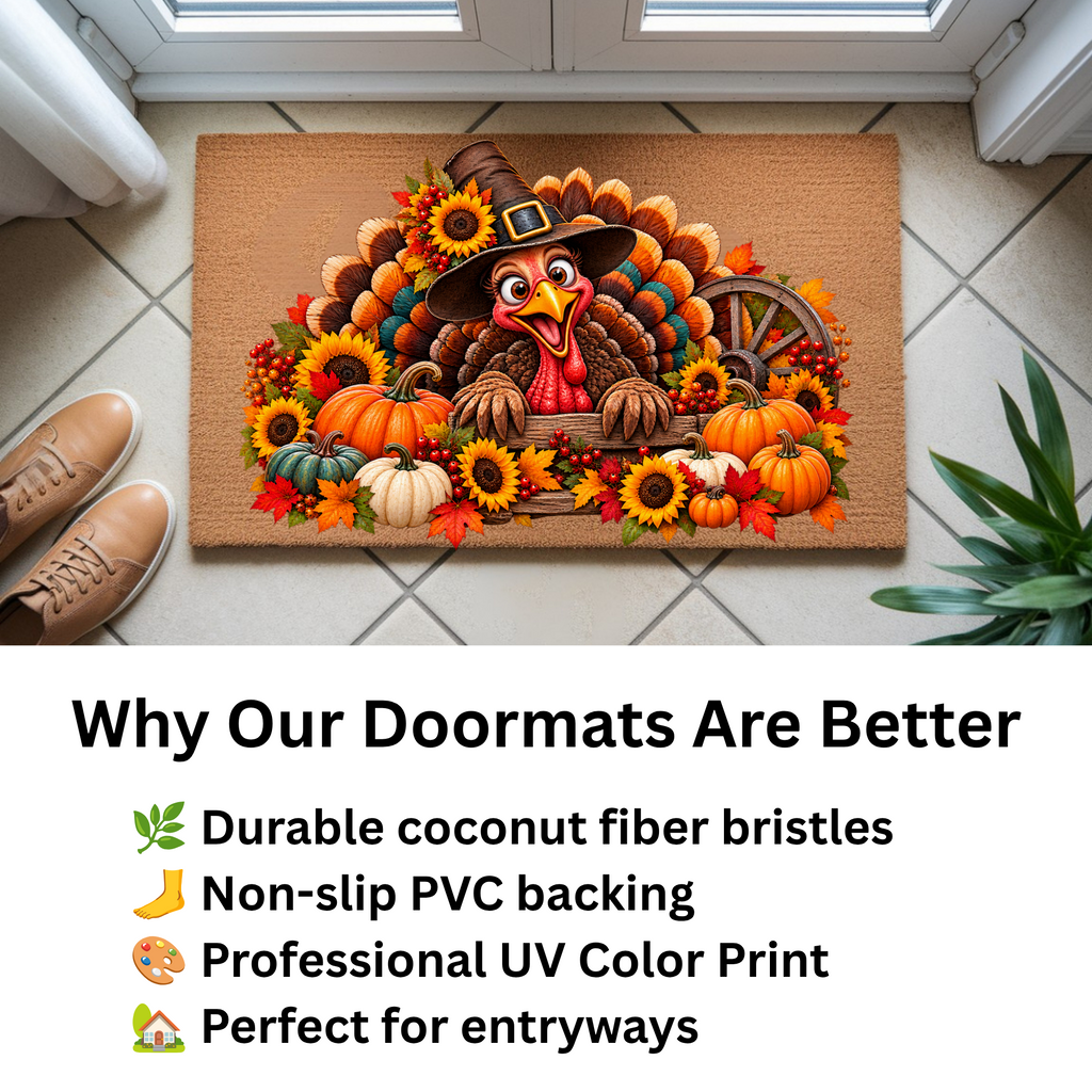 Thanksgiving Turkey Doormat, Funny Turkey Coir Mat, Fall Harvest Welcome Mat, Pumpkin & Sunflower Porch Decor, Thanksgiving Door Mat