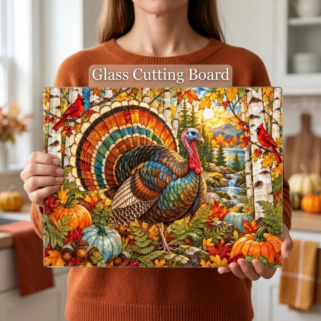 Thanksgiving Turkey Glass Cutting Board, Woodland Turkey Kitchen Decor, Fall Cardinal Birch Forest Cutting Board, Autumn Gift