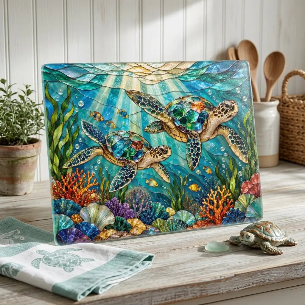 Sea Turtle Glass Cutting Board, Ocean Kitchen Decor, Coastal Chopping Board, Underwater Sea Life Gift, Marine Turtle Kitchen Art Piece