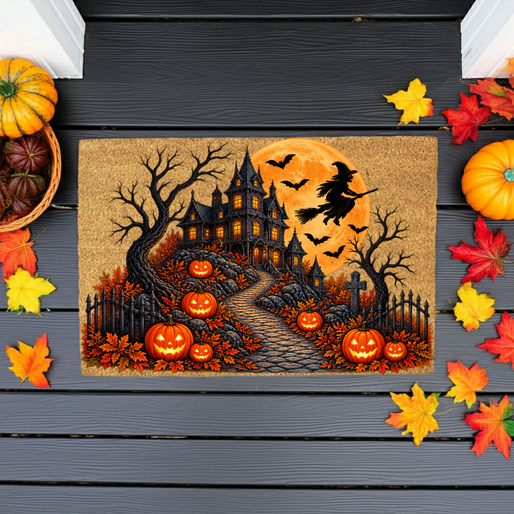 Haunted House Doormat, Halloween Witch Welcome Mat, Spooky Mansion Coir Doormat, Jack O Lantern Door Mat, Gothic Halloween Porch Decor