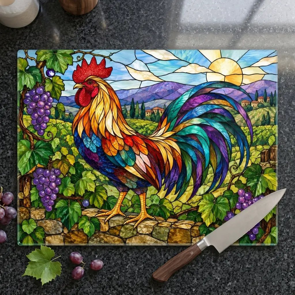 Rooster Glass Cutting Board, Vineyard Kitchen Decor, Colorful Stained Glass Rooster, Tuscan Country Kitchen Gift, Grape Vine Decor