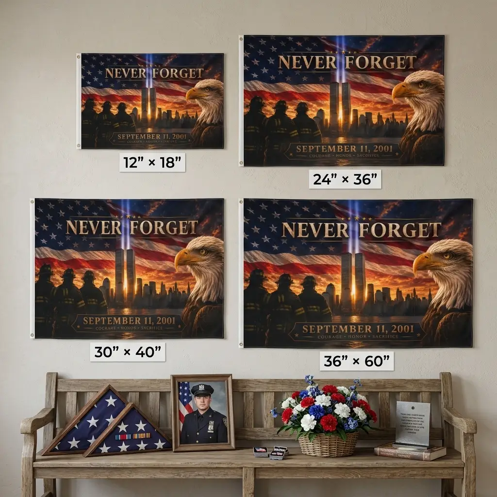 Twin Towers Patriotic Remembrance Flag, 9/11 Memorial Decor, Never Forget Double Sided Flag, September 11 Firefighter Tribute,