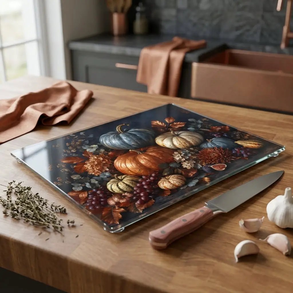 Blue Pumpkin Glass Cutting Board, Elegant Fall Kitchen Decor, Autumn Harvest Cutting Board, Thanksgiving Kitchen Gift
