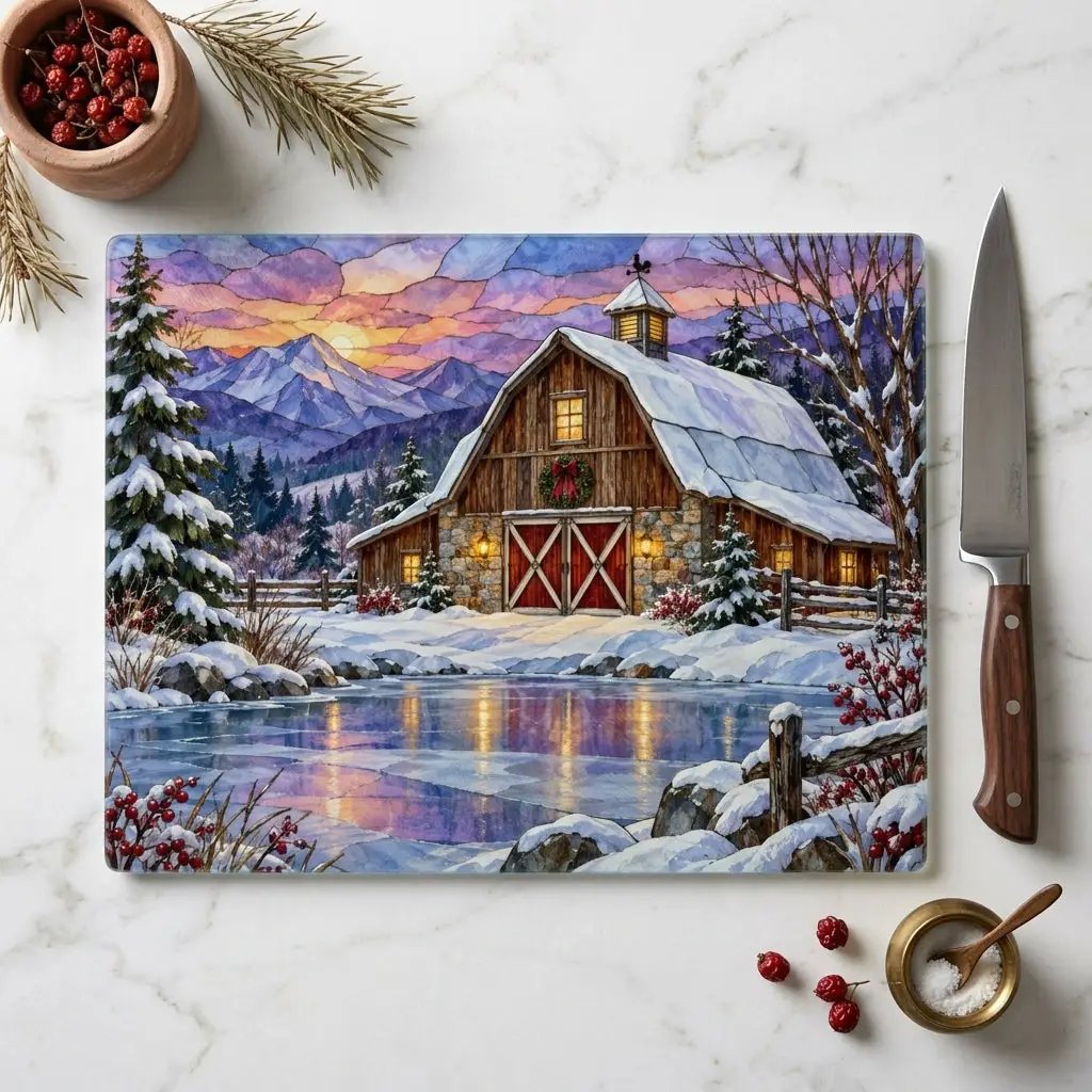 Evergreen Winter Barn Glass Cutting Board, Country Farmhouse Kitchen Decor, Snowy Mountain Barn Christmas Gift